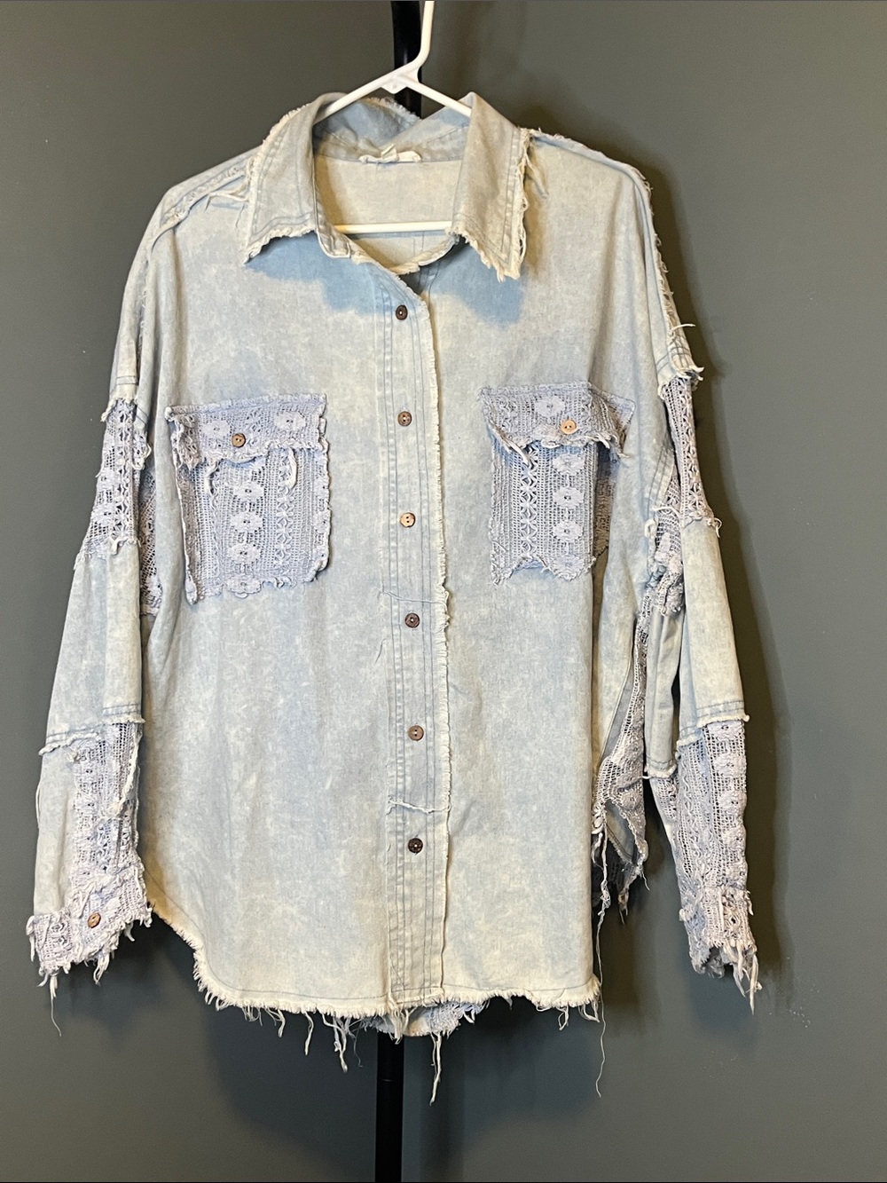 Blue Velvet oversized Light Blue Denim Shirt with lace accents